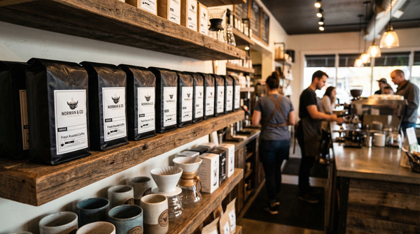 Norman & Co Coffee shop interior with roasted coffee bags on shelf and baristas at work